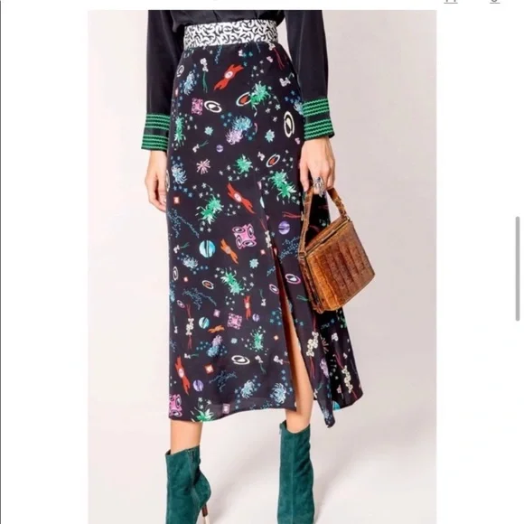 Rixo London Thaila Space Silk Midi Skirt with Thigh Slit Size M Margo Robbie - Picture 3 of 13